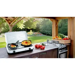 Réchaud gaz portable 2 feux 2600W Blanc laqué Couvercle Plaque de cuisson KEMPER