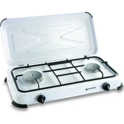 Réchaud gaz portable 2 feux 2600W Blanc laqué Couvercle Plaque de cuisson KEMPER