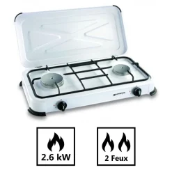 Réchaud gaz portable 2 feux 2600W Blanc laqué Couvercle Plaque de cuisson KEMPER