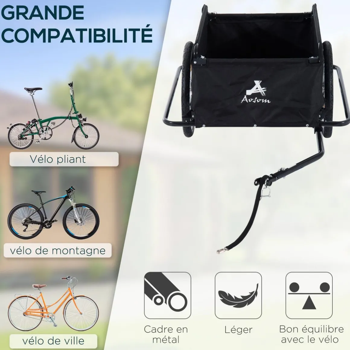 Remorque de transport velo cargo pliable charge max.60kg avec 4 reflecteurs et housse amovible rouge noir