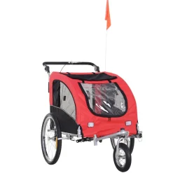 Remorque vélo jogger 2 en 1 pour animaux drapeau roue avant pivotante réflecteurs et barre d'attelage inclus rouge noir