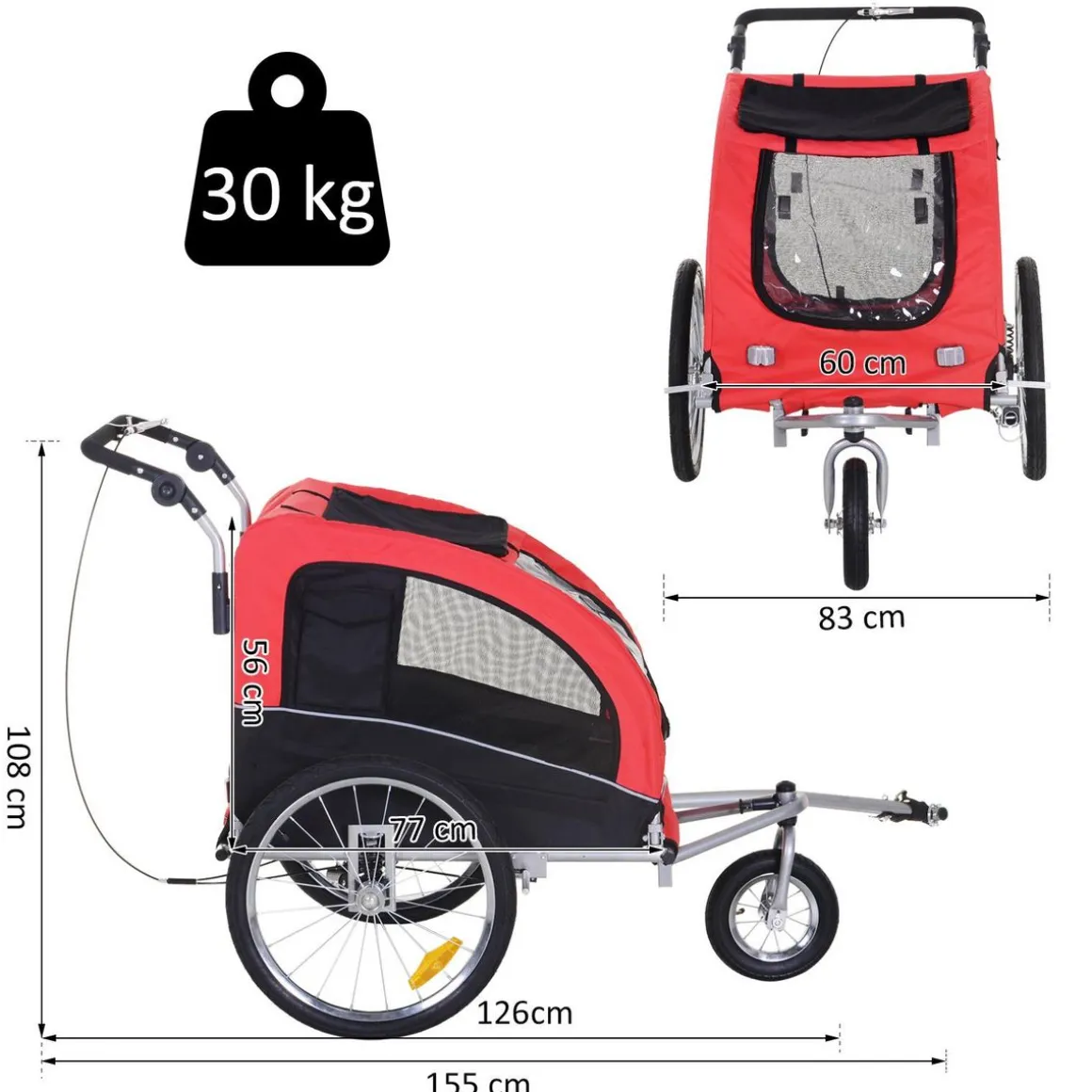 Remorque vélo jogger 2 en 1 pour animaux drapeau roue avant pivotante réflecteurs et barre d'attelage inclus rouge noir