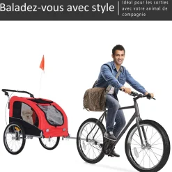 Remorque vélo jogger 2 en 1 pour animaux drapeau roue avant pivotante réflecteurs et barre d'attelage inclus rouge noir