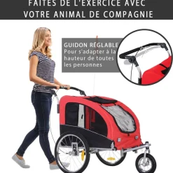 Remorque vélo jogger 2 en 1 pour animaux drapeau roue avant pivotante réflecteurs et barre d'attelage inclus rouge noir