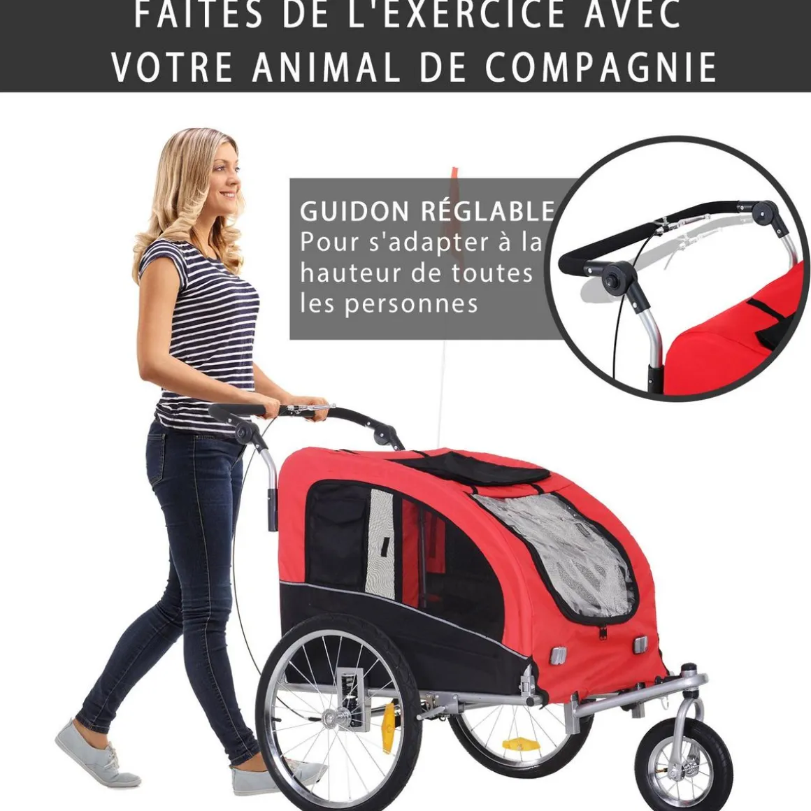 Remorque vélo jogger 2 en 1 pour animaux drapeau roue avant pivotante réflecteurs et barre d'attelage inclus rouge noir