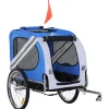 Remorque vélo pour chien animaux pliable 8 réflecteurs drapeau barre attelage inclus acier polyester imperméable max. 30 Kg 130L x 73l x 90H cm bleu blanc