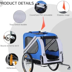 Remorque vélo pour chien animaux pliable 8 réflecteurs drapeau barre attelage inclus acier polyester imperméable max. 30 Kg 130L x 73l x 90H cm bleu blanc