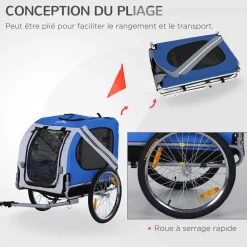 Remorque vélo pour chien animaux pliable 8 réflecteurs drapeau barre attelage inclus acier polyester imperméable max. 30 Kg 130L x 73l x 90H cm bleu blanc