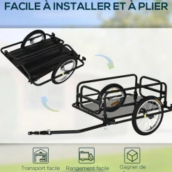 Remorque vélo remorque de transport pour vélo pliable 70L 139L x 71,5l x 49H cm barre d'attelage universelle acier noir