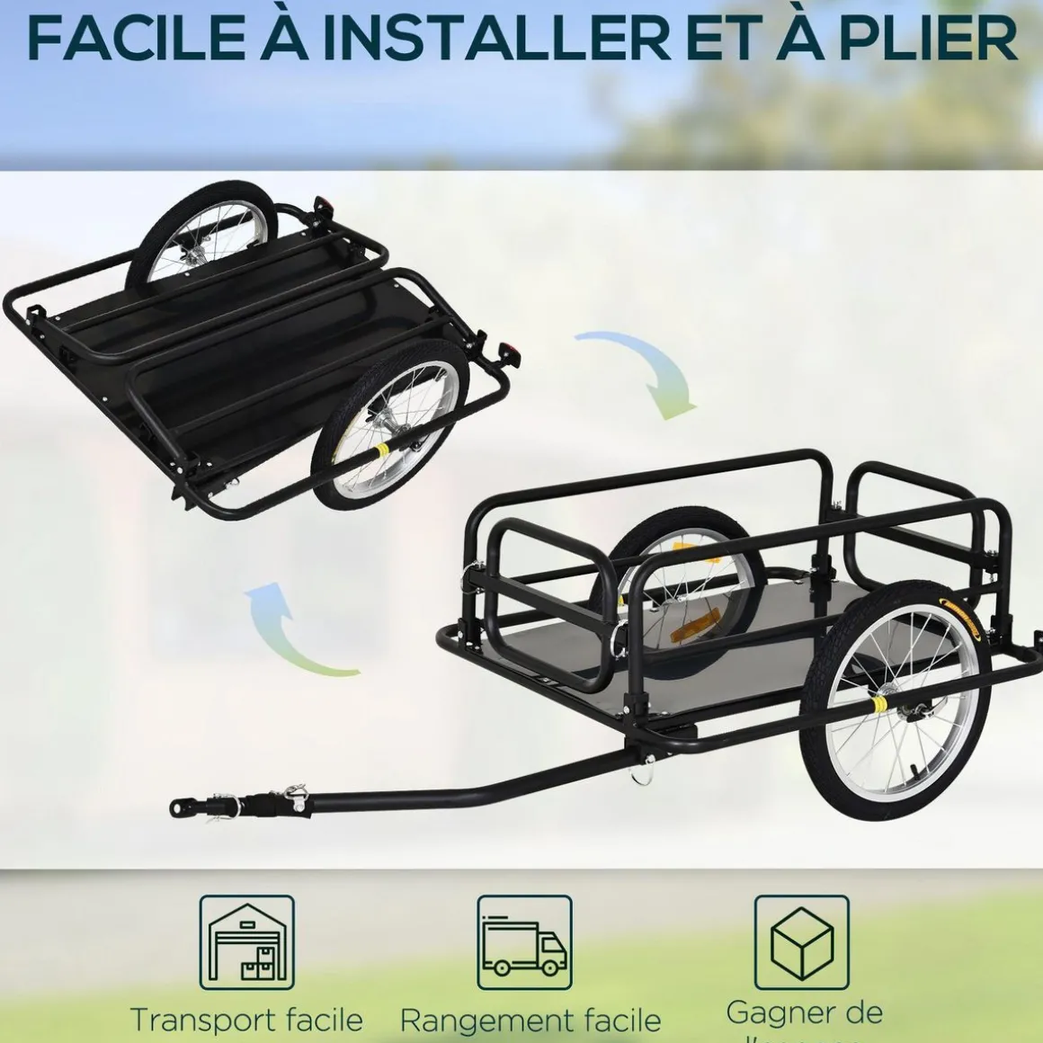 Remorque vélo remorque de transport pour vélo pliable 70L 139L x 71,5l x 49H cm barre d'attelage universelle acier noir