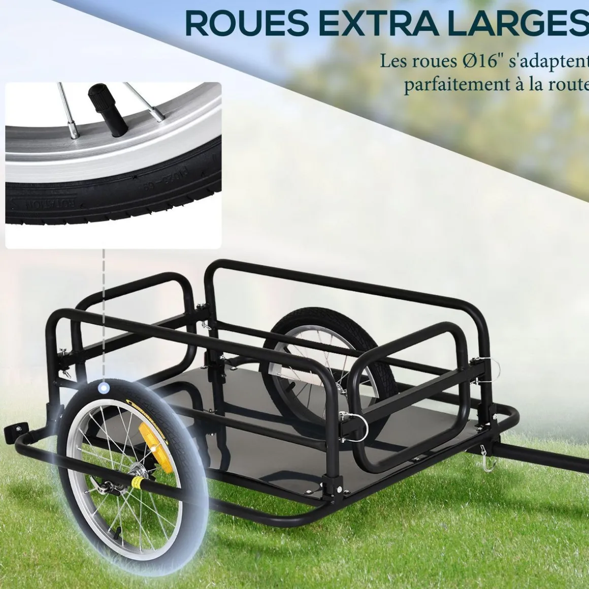 Remorque vélo remorque de transport pour vélo pliable 70L 139L x 71,5l x 49H cm barre d'attelage universelle acier noir