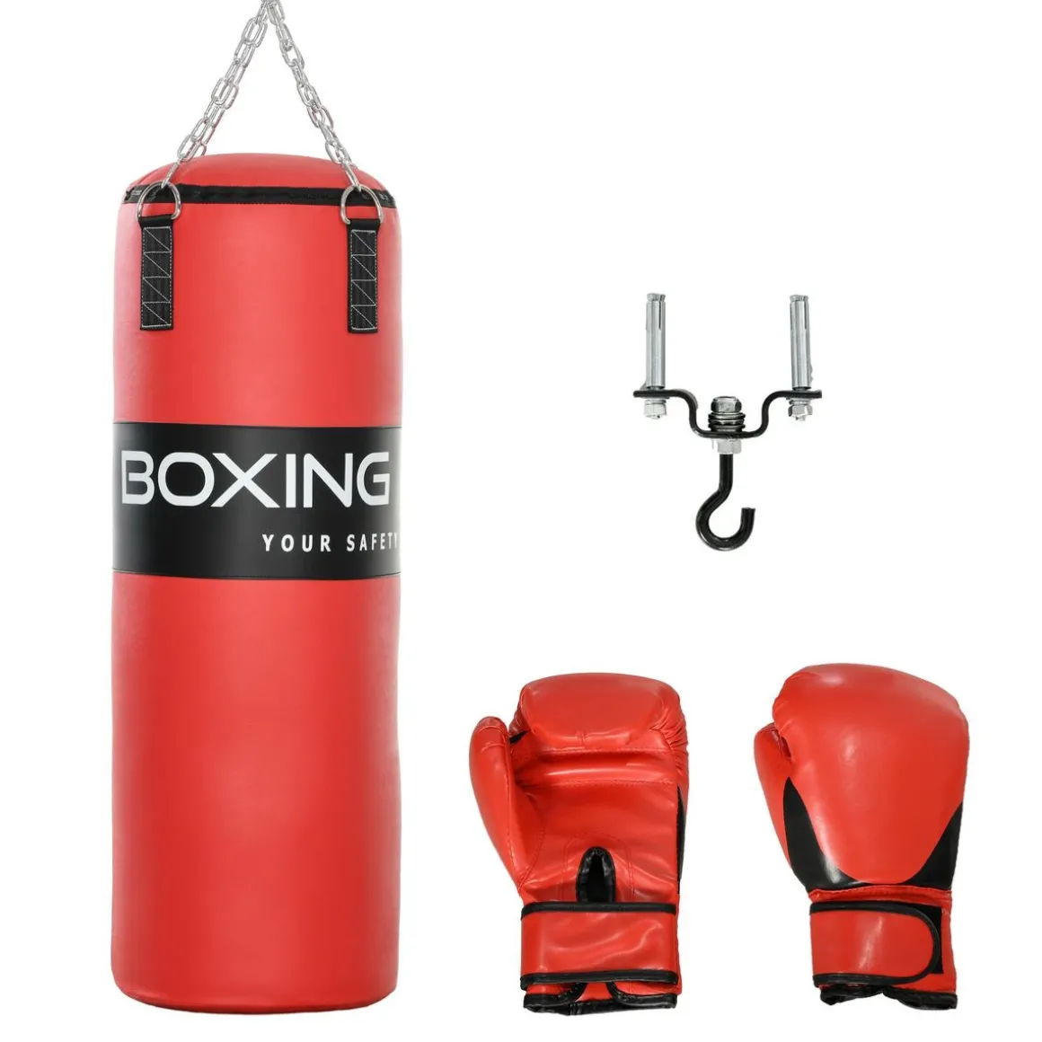 Sac de frappe à suspendre - kit de fixation, chaine 4 points, gants inclus - acier PVC EPE rouge noir