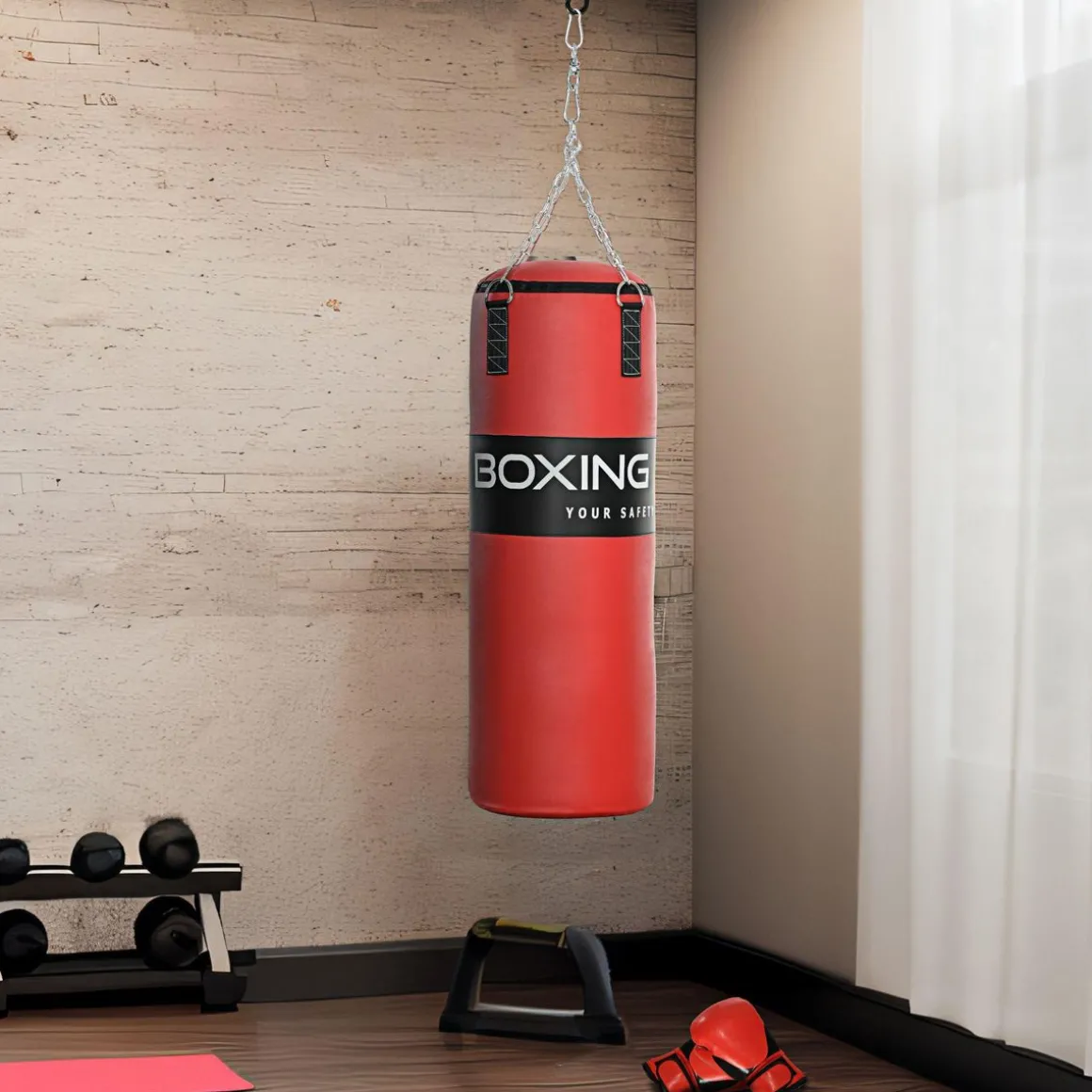 Sac de frappe à suspendre - kit de fixation, chaine 4 points, gants inclus - acier PVC EPE rouge noir