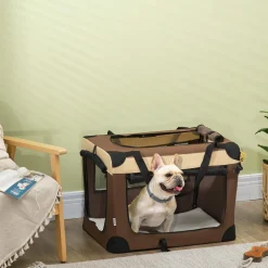 Sac de transport pour chien et chat pliable - poignée, 3 entrées zippées, poche - coussin amovible inclus - acier oxford polyester marron noir