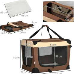 Sac de transport pour chien et chat pliable - poignée, 3 entrées zippées, poche - coussin amovible inclus - acier oxford polyester marron noir