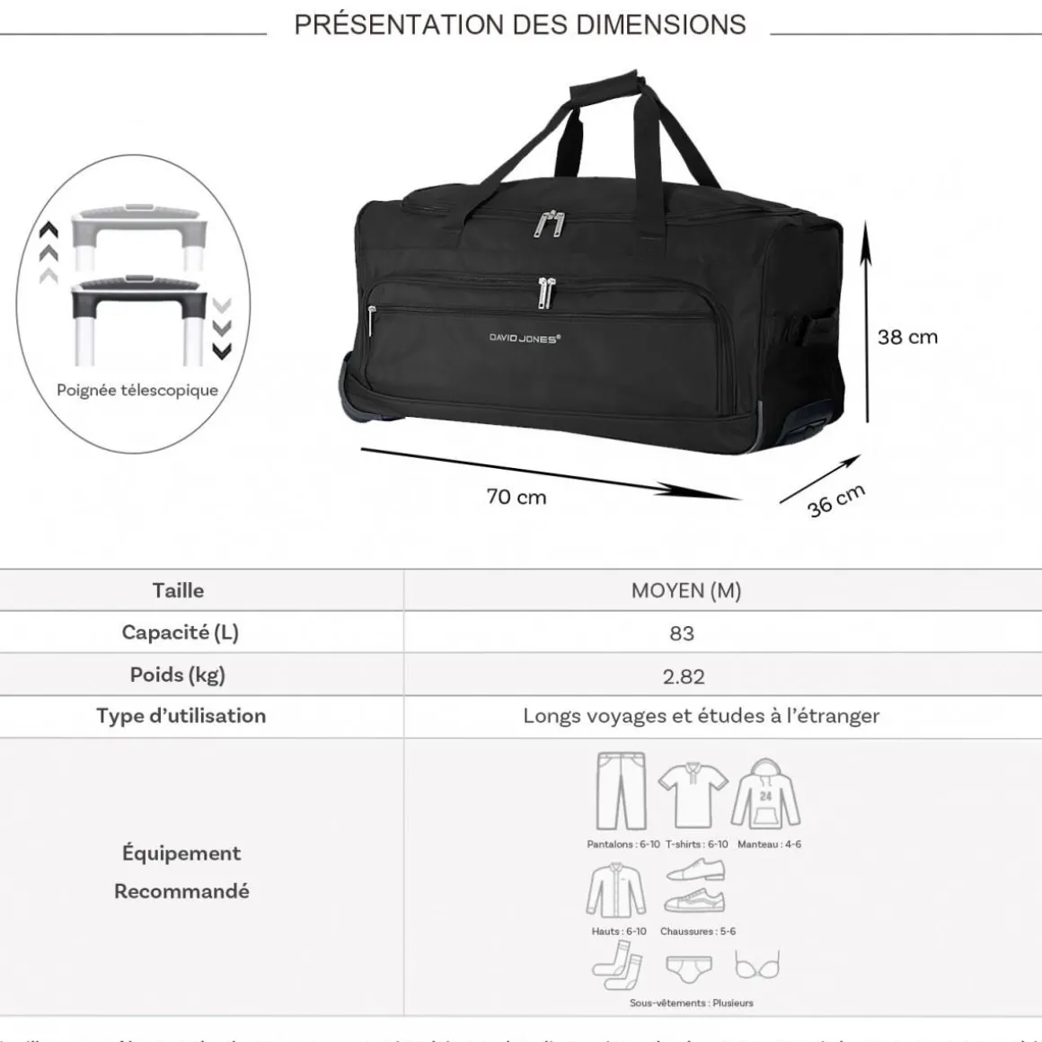 Sac de voyage avec roulettes 83L 70cm