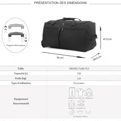 Sac de voyage avec roulettes 120L grand volume 76cm