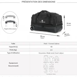 Sac de voyage cabine à roulettes 48L double compartiment 55cm