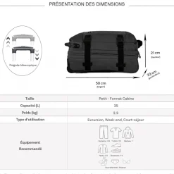 Sac de voyage cabine à roulettes 35L double compartiment 50cm