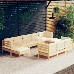 Salon de jardin 10 pcs avec coussins creme bois de pin massif