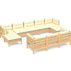 Salon de jardin 10 pcs avec coussins creme bois de pin massif