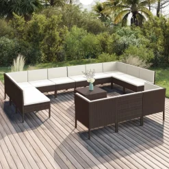 Salon de jardin 14 pcs avec coussins Resine tressee Marron
