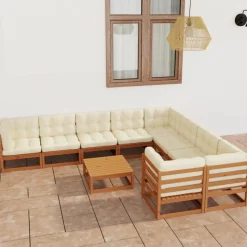 Salon de jardin 10 pcs avec coussins Marron miel Bois de pin