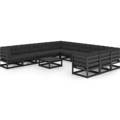 Salon de jardin 12 pcs avec coussins Noir Bois de pin massif
