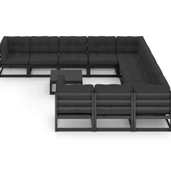 Salon de jardin 12 pcs avec coussins Noir Bois de pin massif