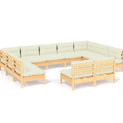 Salon de jardin 11 pcs avec coussins creme Bois de pin solide