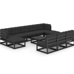 Salon de jardin 11 pcs avec coussins Noir Bois de pin massif
