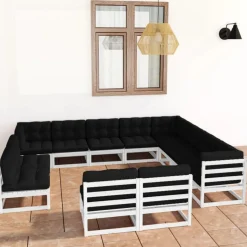 Salon de jardin 12 pcs avec coussins Blanc Bois de pin massif