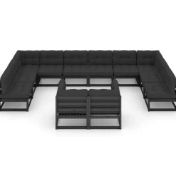 Salon de jardin 12 pcs avec coussins Noir Bois de pin massif