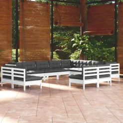 Salon de jardin 12 pcs avec coussins blanc bois de pin solide