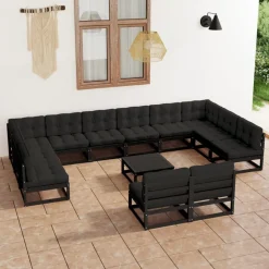 Salon de jardin 13 pcs avec coussins noir bois de pin massif
