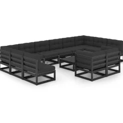 Salon de jardin 13 pcs avec coussins noir bois de pin massif