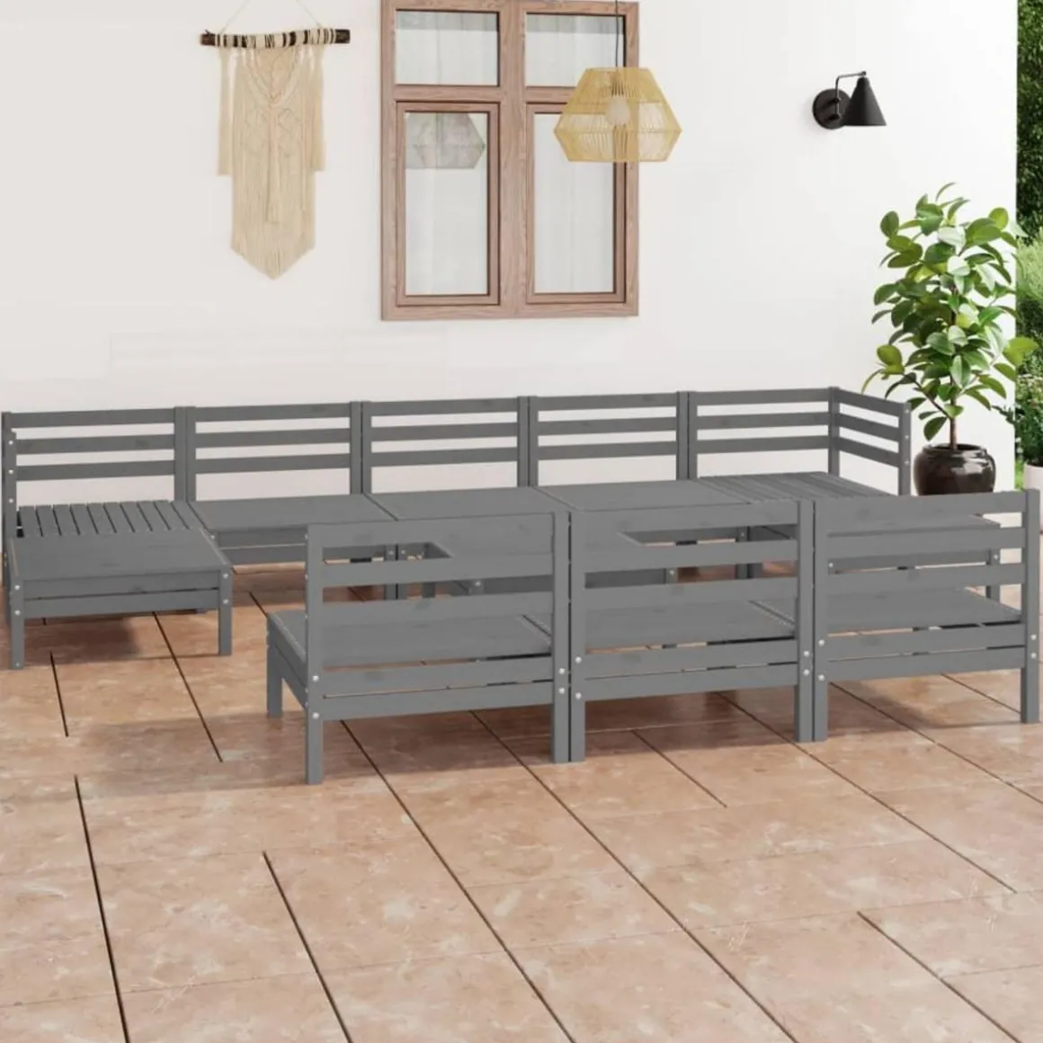 Salon de jardin 11 pcs Gris Bois de pin massif
