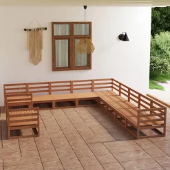 Salon de jardin 11 pcs marron miel bois de pin massif