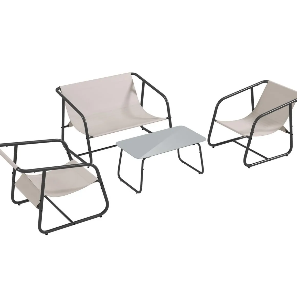 Salon de jardin 4 personnes 4 pièces acier noir teslin haute densité blanc cassé