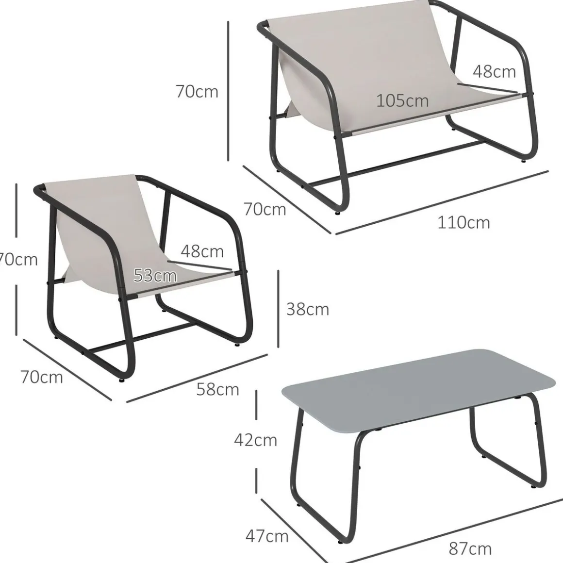 Salon de jardin 4 personnes 4 pièces acier noir teslin haute densité blanc cassé