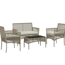 Salon de jardin 4 places 4 pièces style colonial table basse coussins inclus résine tressée filée aspect rotin taupe clair