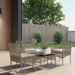 Salon de jardin 4 places 4 pièces style colonial table basse coussins inclus résine tressée filée aspect rotin taupe clair