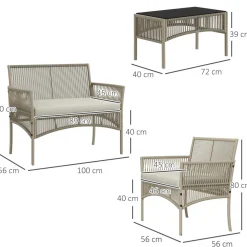 Salon de jardin 4 places 4 pièces style colonial table basse coussins inclus résine tressée filée aspect rotin taupe clair