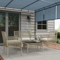 Salon de jardin 4 places 4 pièces style colonial table basse coussins inclus résine tressée filée aspect rotin taupe clair