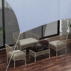 Salon de jardin 4 places 4 pièces style colonial table basse coussins inclus résine tressée filée aspect rotin taupe clair