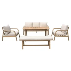 Salon de jardin 7 places CARNOTA DINING en bois d'acacia. table rectangulaire. coussins gris