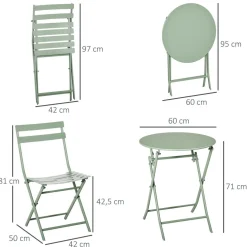 Salon de jardin bistro pliable - table ronde Ø 60 cm avec 2 chaises pliantes - métal thermolaqué vert d'eau