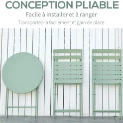 Salon de jardin bistro pliable - table ronde Ø 60 cm avec 2 chaises pliantes - métal thermolaqué vert d'eau