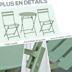 Salon de jardin bistro pliable - table ronde Ø 60 cm avec 2 chaises pliantes - métal thermolaqué vert d'eau