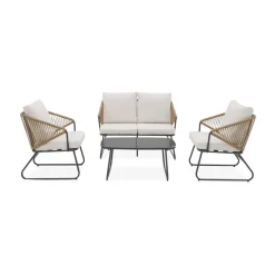 Salon de jardin métal et résine naturelle. effet corde. coussins beiges. 4 places